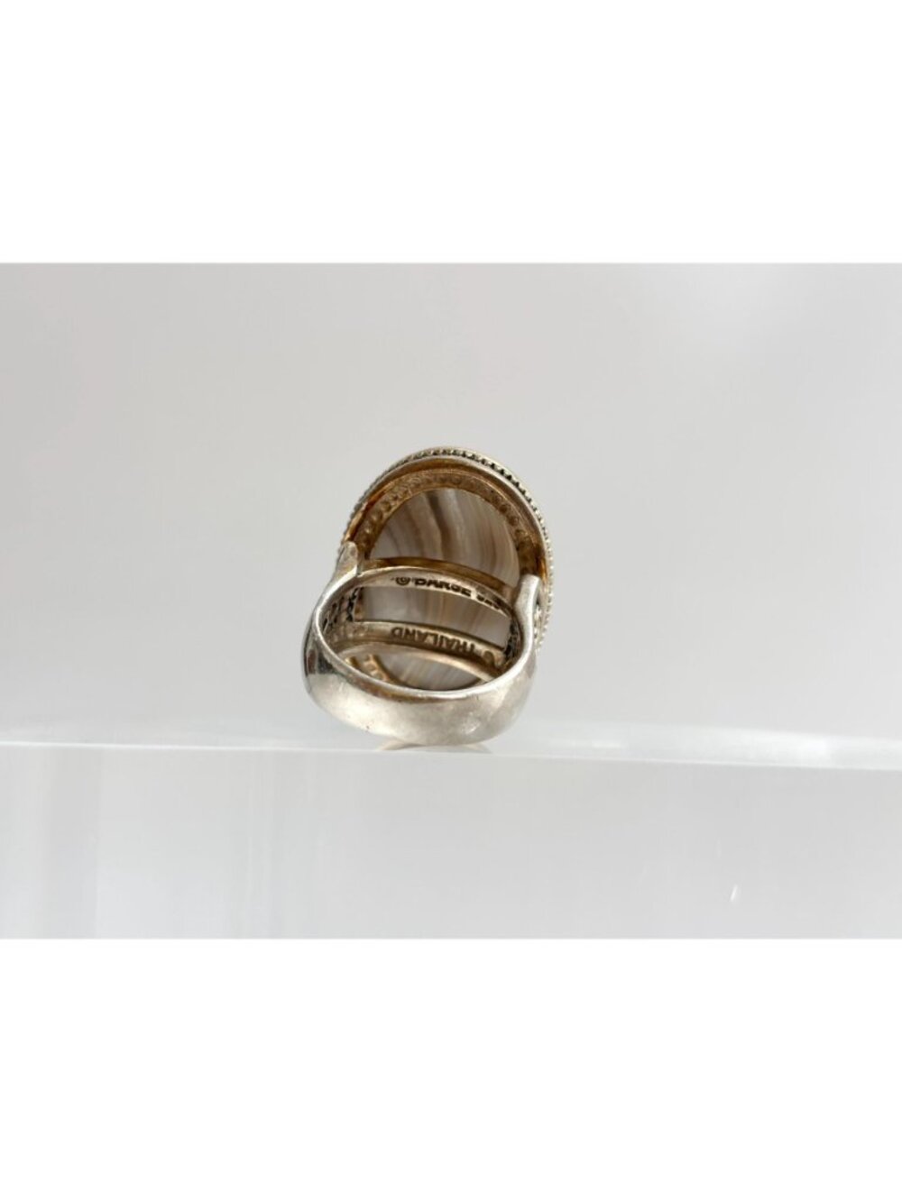 Grey Banded Agate Polished Cabochon Sterling Silver 925 Vintage Ring - sz 8 - Picture 15 of 16